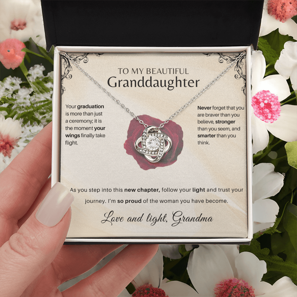 Granddaughter Graduation Keepsake interlocking knot keepsake milestone gift for her displayed in a gift box.