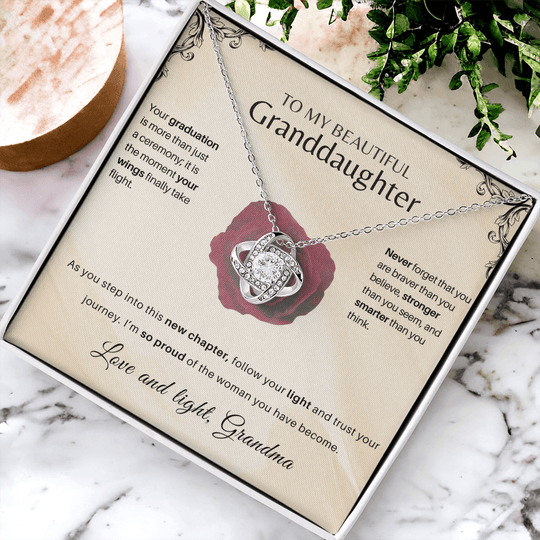 Granddaughter Graduation Keepsake featuring interlocking knot keepsake milestone gift for her in elegant presentation box.