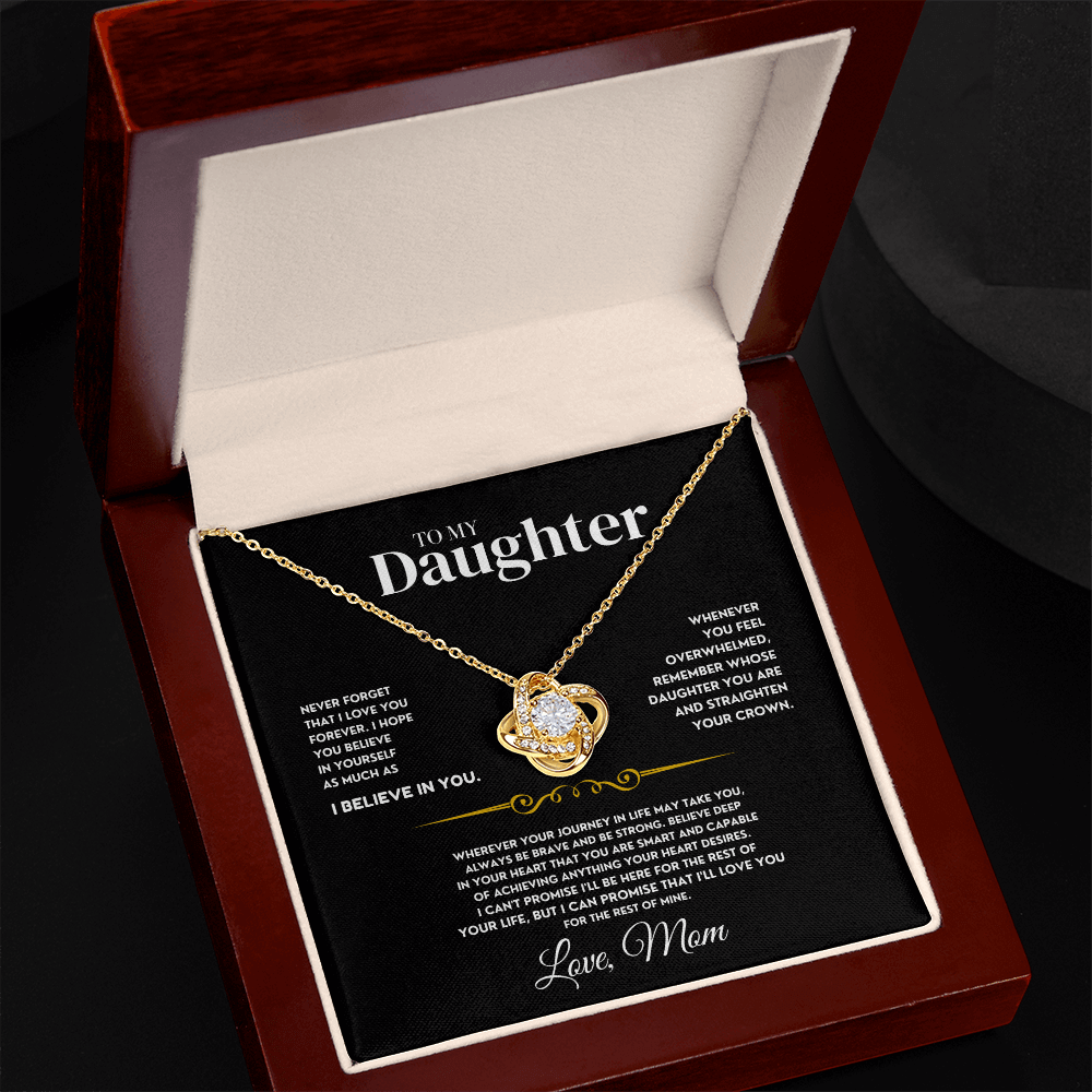Sentimental parent to daughter appreciation keepsake in a gift box with heartfelt message, Love Knot Pendant.