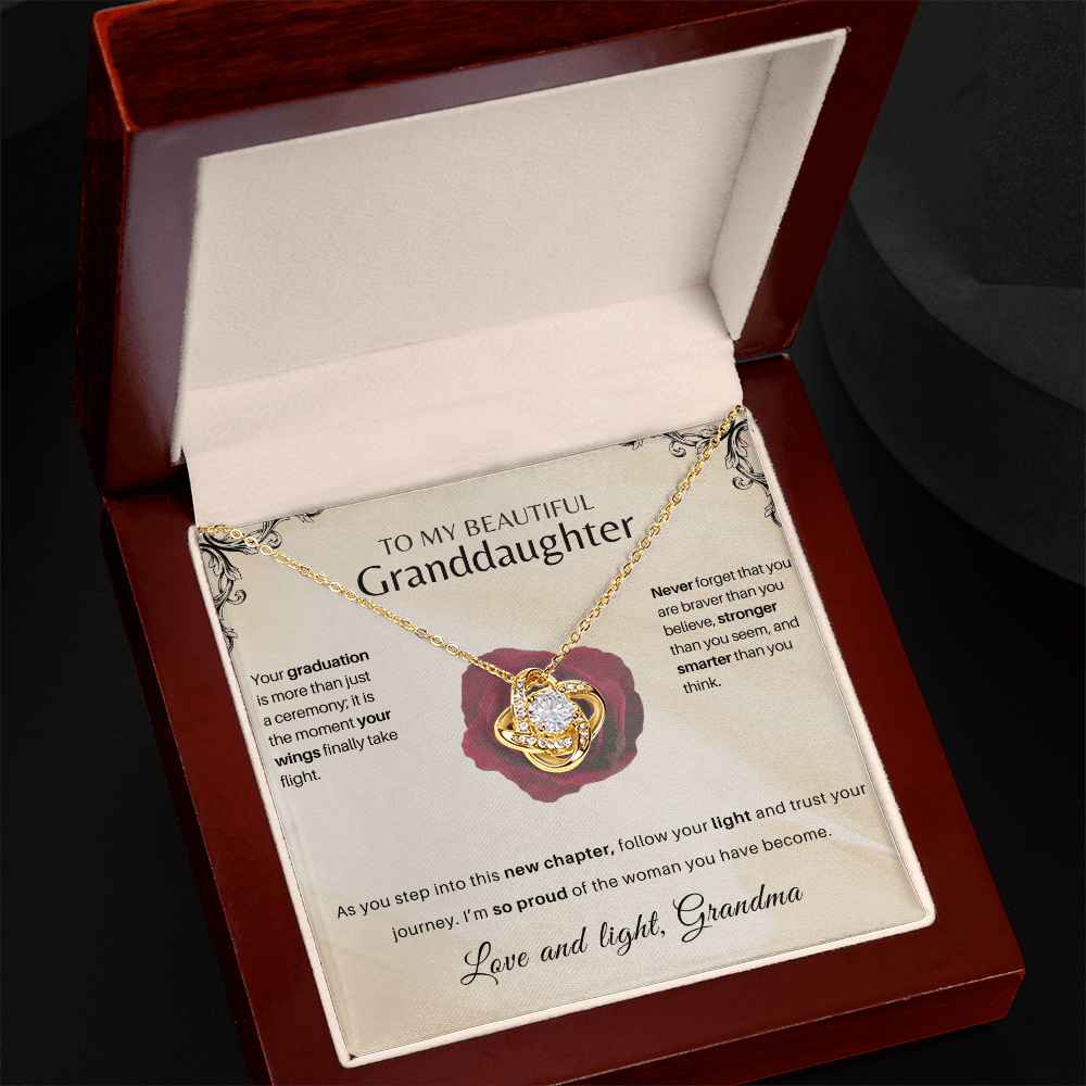 Granddaughter Graduation Keepsake necklace in a box with heartfelt message, interlocking knot keepsake milestone gift for her.