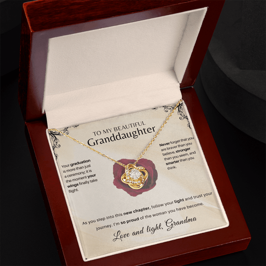 Granddaughter Graduation Keepsake necklace in a box with heartfelt message, interlocking knot keepsake milestone gift for her.