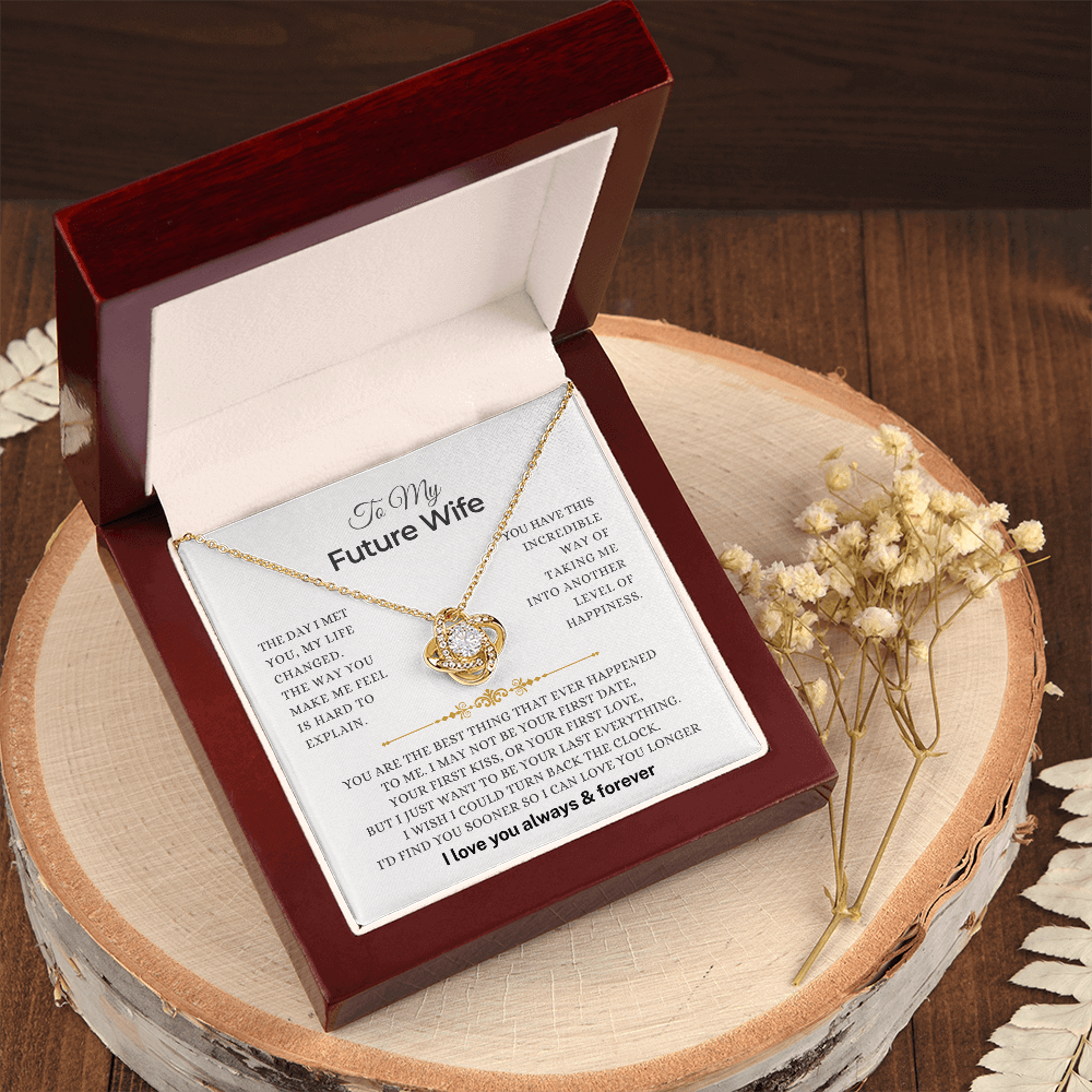 Gift For Future Wife - Beautiful love knot necklace in elegant box with heartfelt message card.