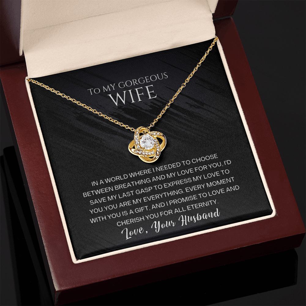 To My Wife "Infinite Devotion" Love Knot Necklace, a Romantic Wedding Anniversary Gift For Her showcasing heartfelt message.