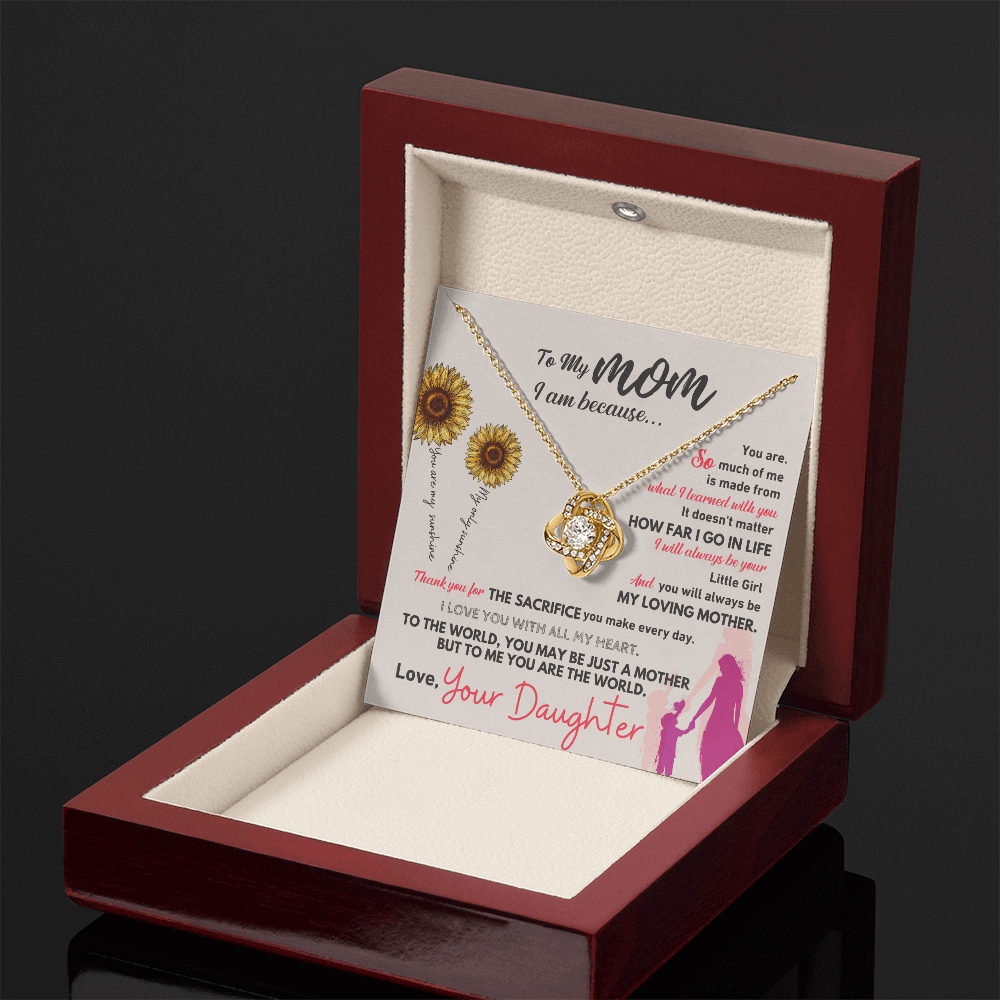 Gift For Mom necklace in a jewel box with heartfelt message and sunflower design for special occasions.