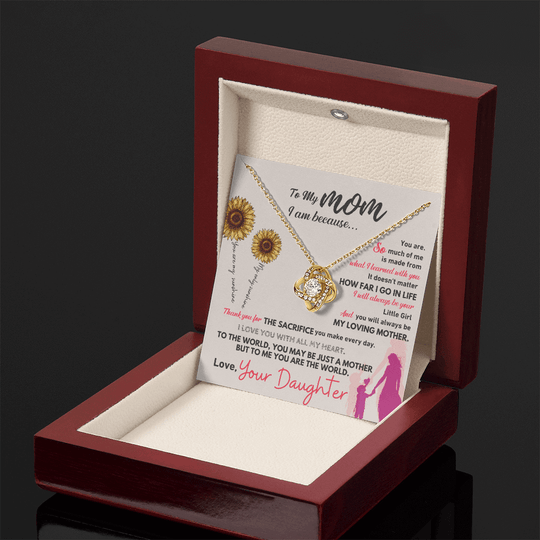 Gift For Mom necklace in a jewel box with heartfelt message and sunflower design for special occasions.
