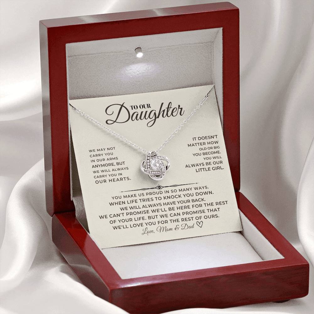 To Our Daughter Love Knot CZ Necklace in gift box, a meaningful milestone graduation or birthday gift for daughter from parents.