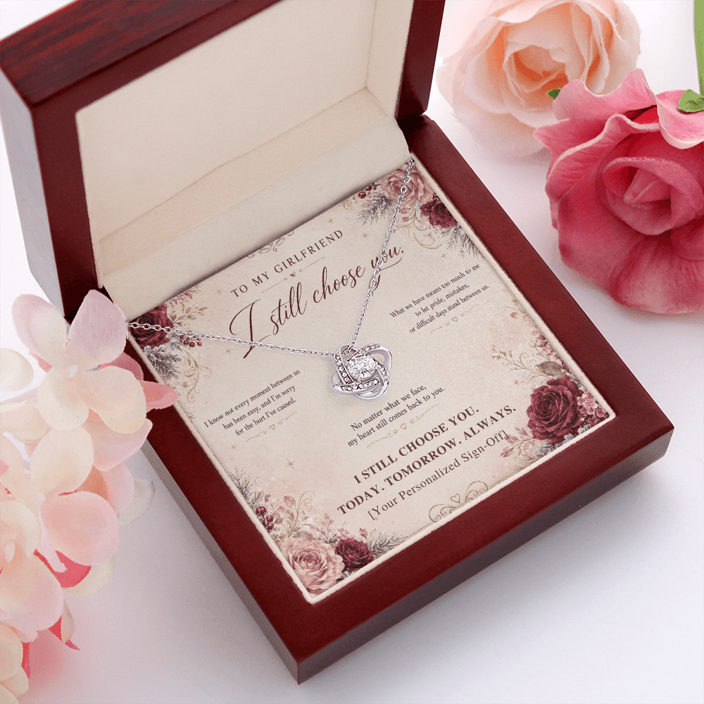 To My Girlfriend Love Knot Necklace in presentation box with heartfelt message, perfect for girlfriend apology necklace.