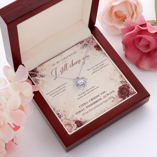 To My Girlfriend Love Knot Necklace in presentation box with heartfelt message, perfect for girlfriend apology necklace.