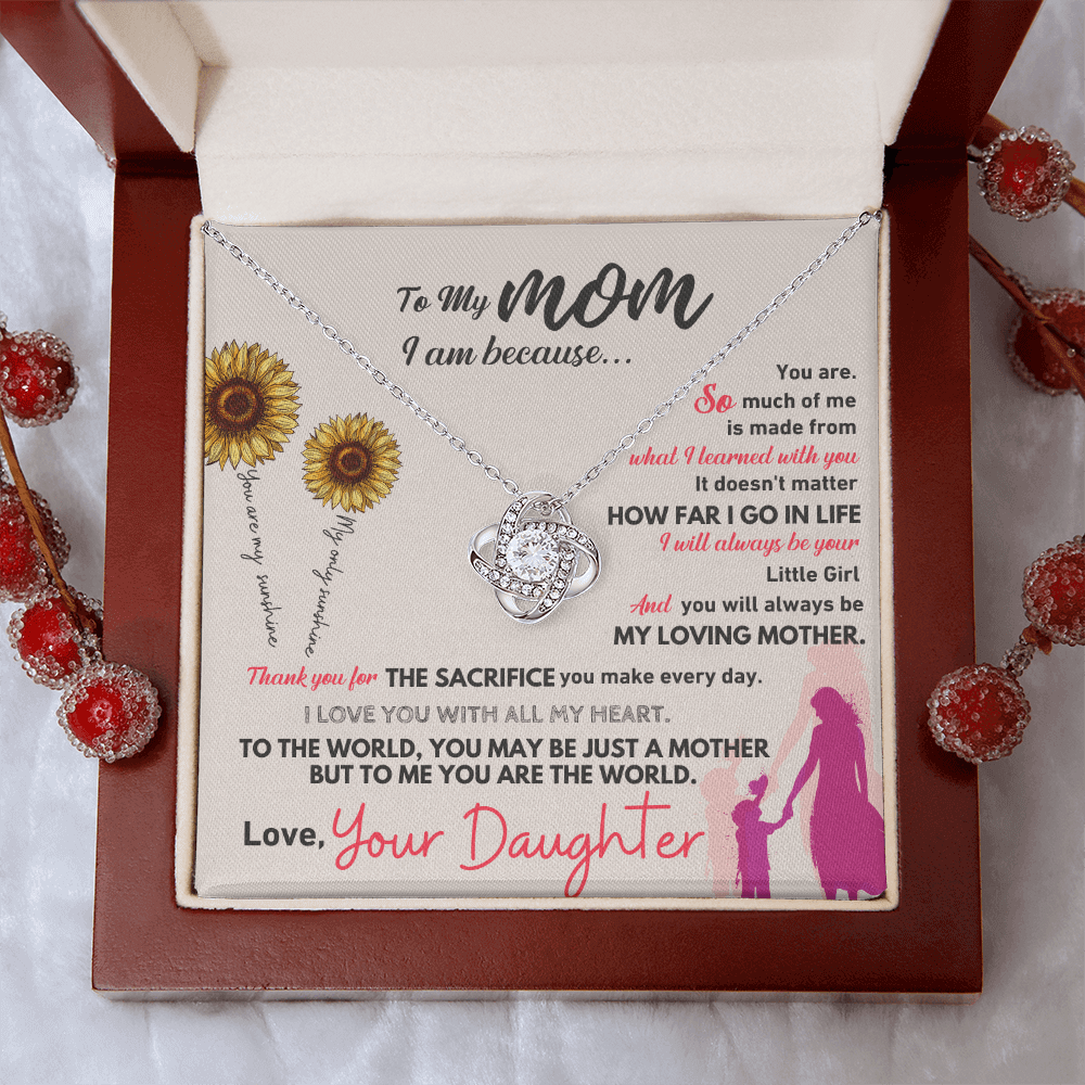 Gift For Mom necklace inside a jewelry box with heartfelt message and sunflowers.