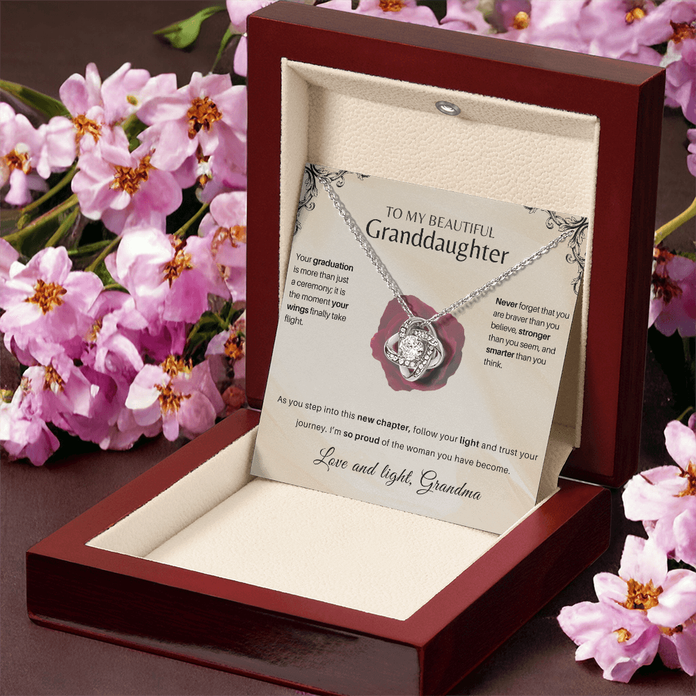 Granddaughter Graduation Keepsake with interlocking knot keepsake milestone gift for her in jewelry box with flowers.