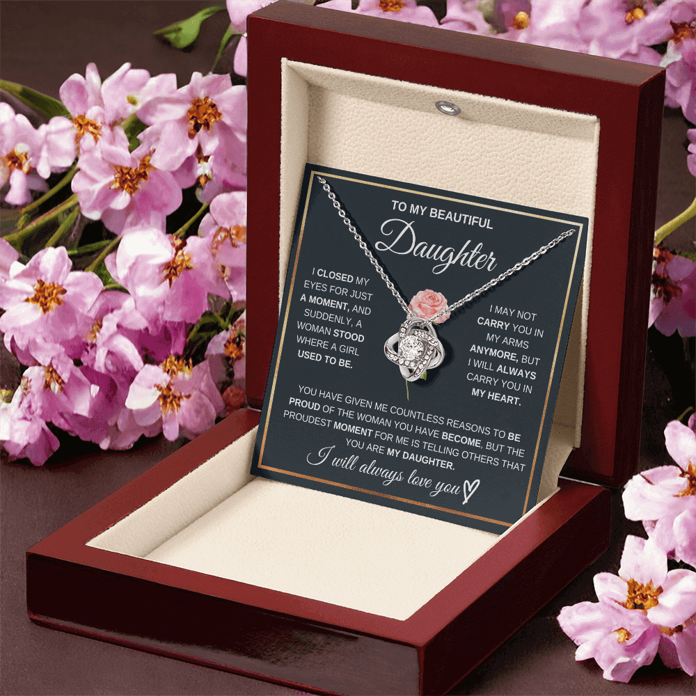 Beautiful Gift Set for daughter featuring a heartfelt message, necklace, and floral background.