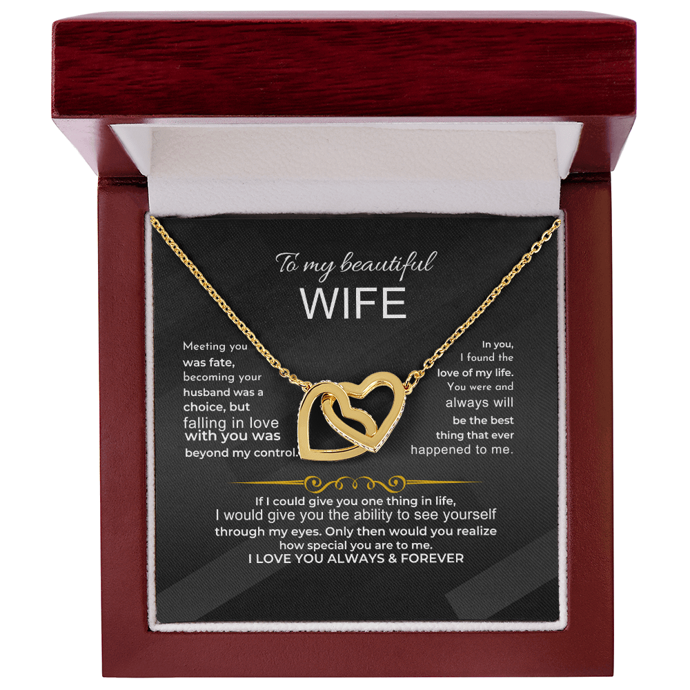 Romantic Gift For Wife - 18k interlocked-hearts necklace presented in a wooden gift box with sentimental message.