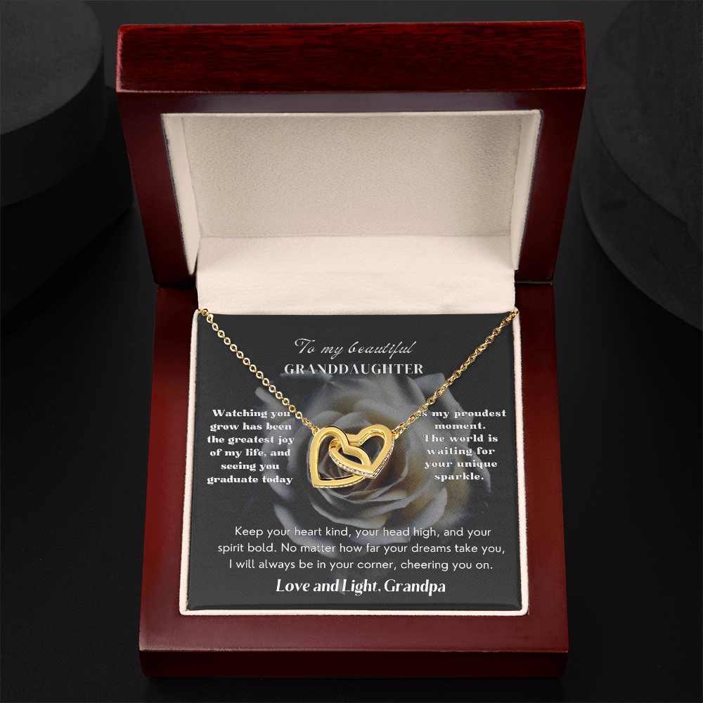 Granddaughter Graduation 2026 Gift: Interlocking Hearts necklace in an elegant box with a heartfelt message.