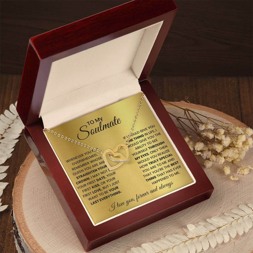 Interlocking Hearts Pendant in a gift box with empowering message, perfect as an empowering romantic gift for partner.