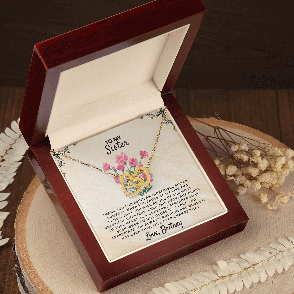 To My Sister interlocked hearts necklace presented in box, a sentimental sibling appreciation keepsake necklace from USA.