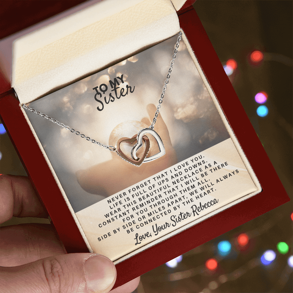 To My Sister sentimental sibling connected by heart keepsake necklace from USA in a gift box.