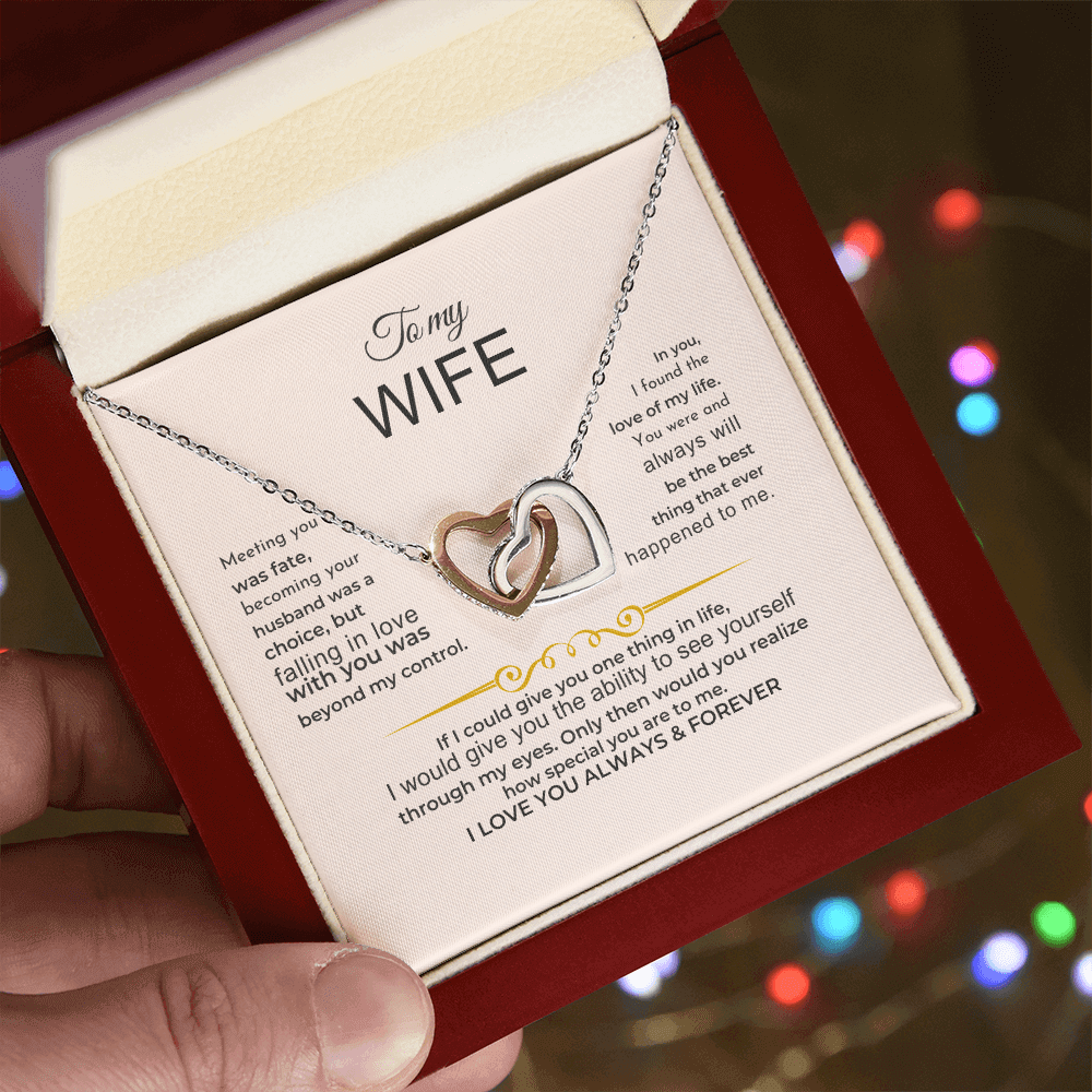 Best gift for wife - 18k interlocked-hearts necklace set in elegant box with loving message.