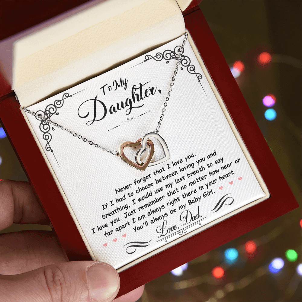 Interlocked Hearts Pendant in gift box with heartfelt message, a meaningful jewelry gift for daughter.