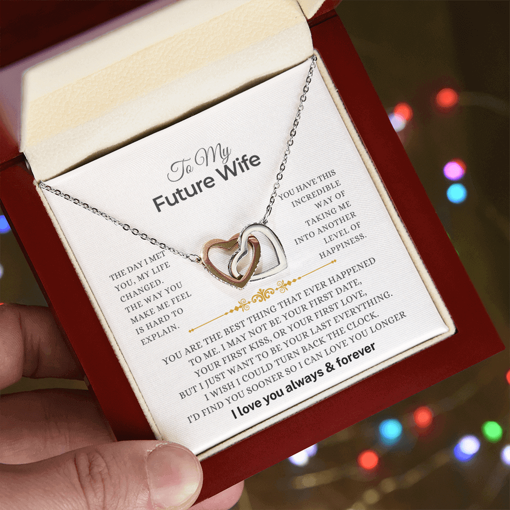 To My Future Wife interlocking loops necklace, a meaningful proposal or surprise engagement gift for fiancée in a gift box.