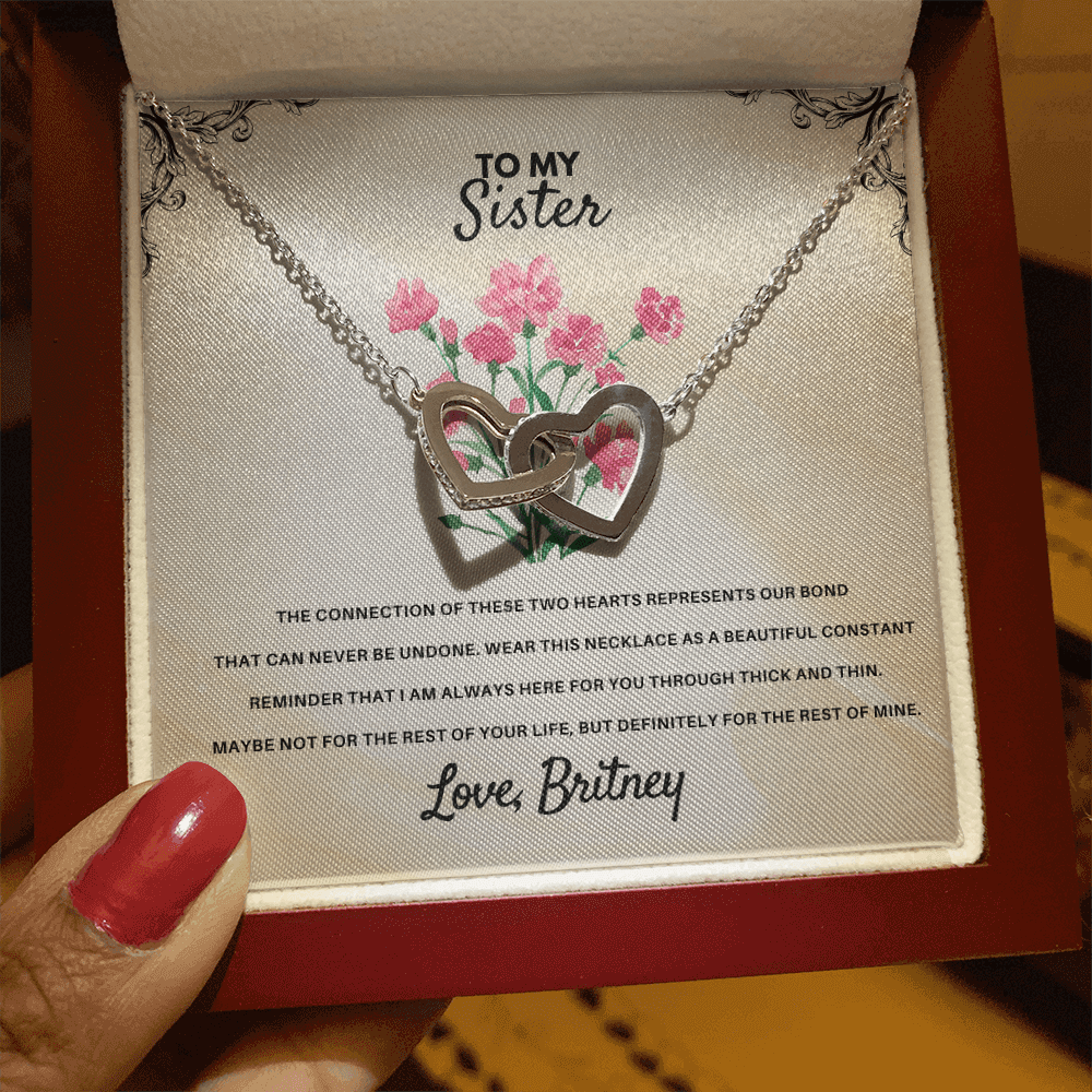 Interlocked hearts necklace presented in a gift box for sister, sentimental sibling keepsake necklace from USA.