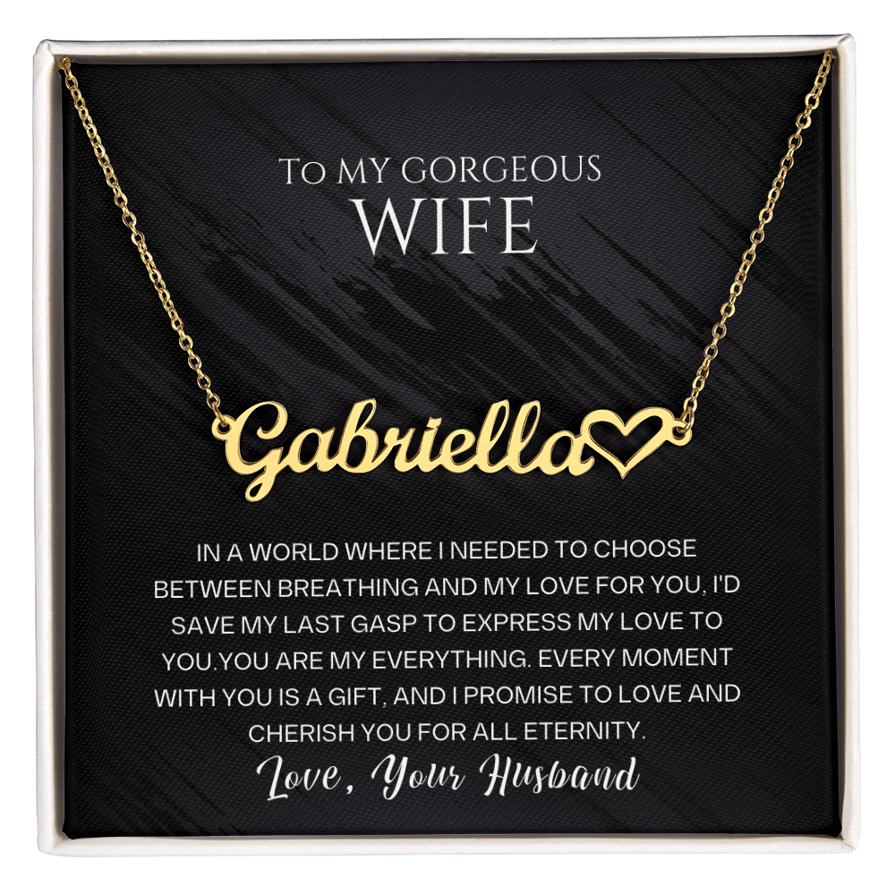 Custom Name Necklace For Wife in elegant cursive, gift set presented with heartfelt message.