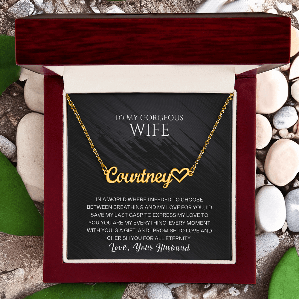 Custom Name Necklace For Wife presented in an elegant box with heartfelt message for special occasions.