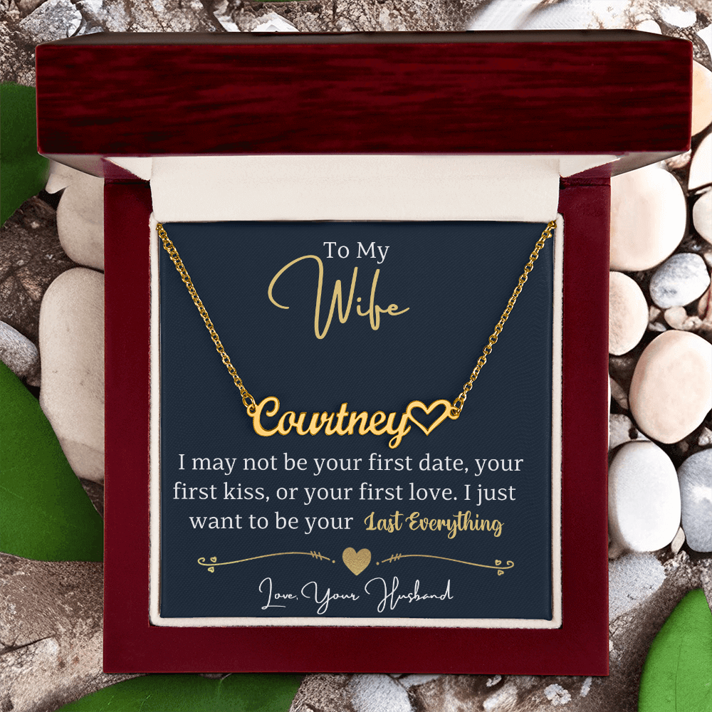 Custom Name Necklace For Wife in a red jewelry box with a heartfelt message for her.