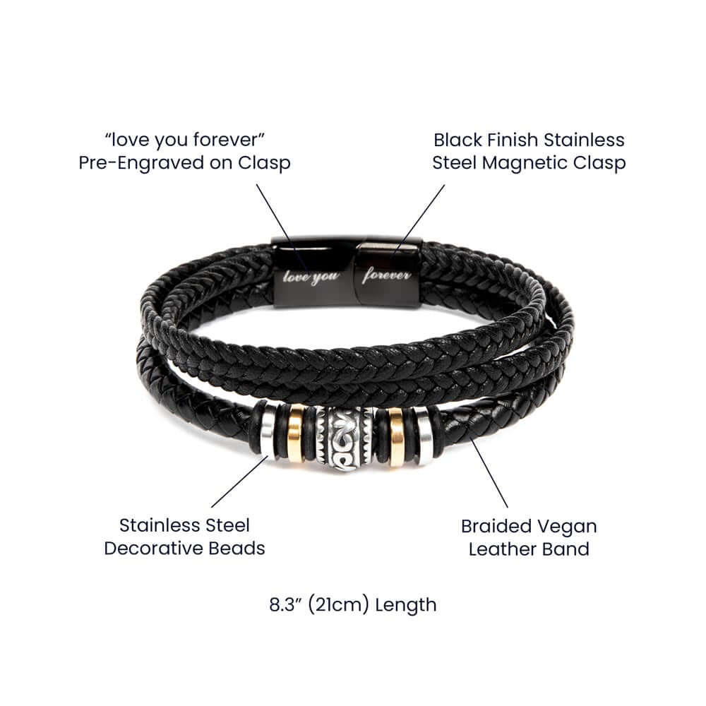 Grandson braided leather keepsake graduation milestone gift featuring black stainless steel magnetic clasp and decorative beads.