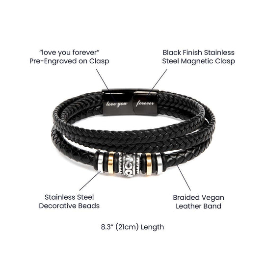 Grandson braided leather keepsake graduation milestone gift featuring black stainless steel magnetic clasp and decorative beads.