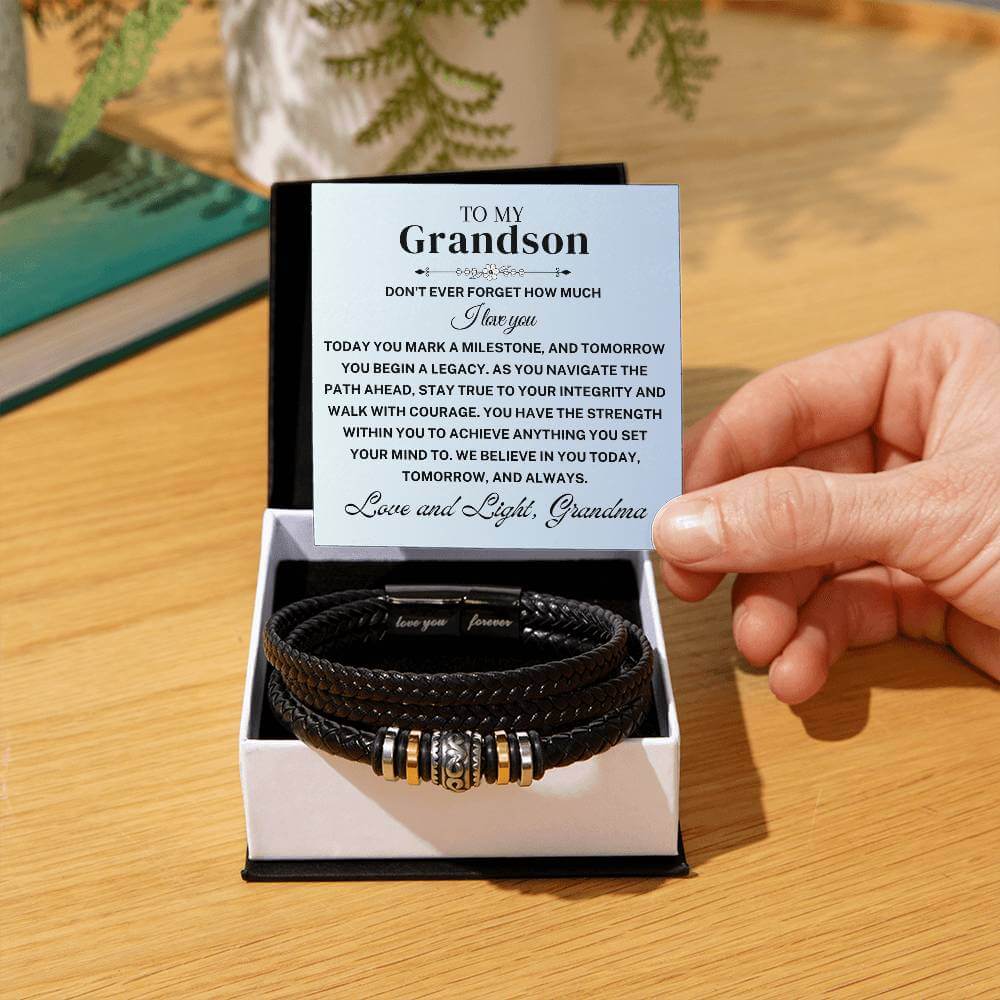 Grandson braided leather keepsake graduation milestone gift presented in a gift box with heartfelt message.