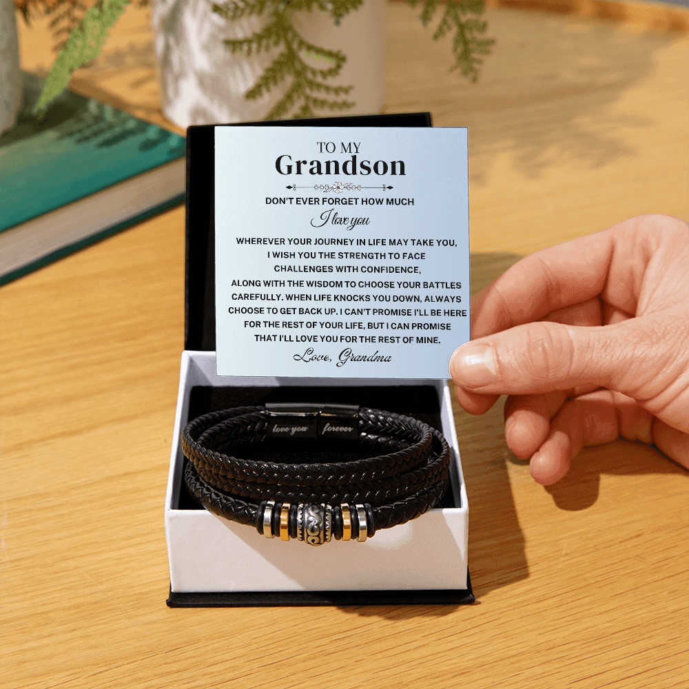 To My Grandson leather bracelet gift with heartfelt message, a meaningful grandson birthday or graduation gift from grandma.