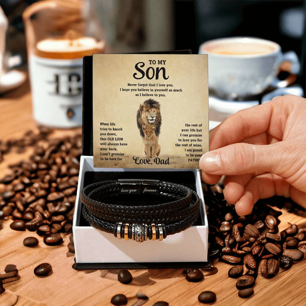 To My Son - Old Lion - Braided Leather Bracelet Gift Set - STS10 Jewelry ShineOn Fulfillment Two Tone Box