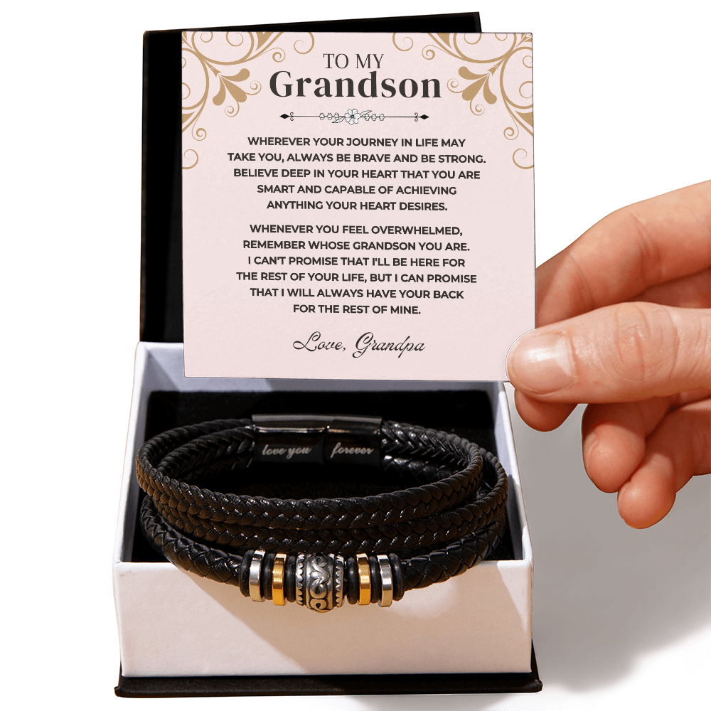 To My Grandson | Braided Leather Bracelet Gift Set - SS519B Jewelry ShineOn Fulfillment Two Tone Box