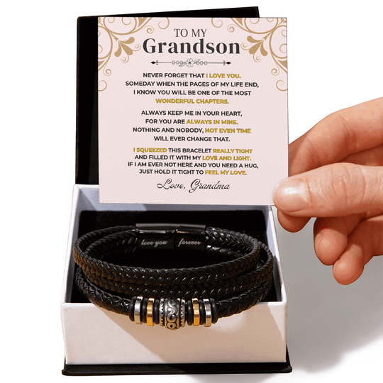 To My Grandson | Braided Leather Bracelet Gift Set - SS514B Jewelry ShineOn Fulfillment Two Tone Box