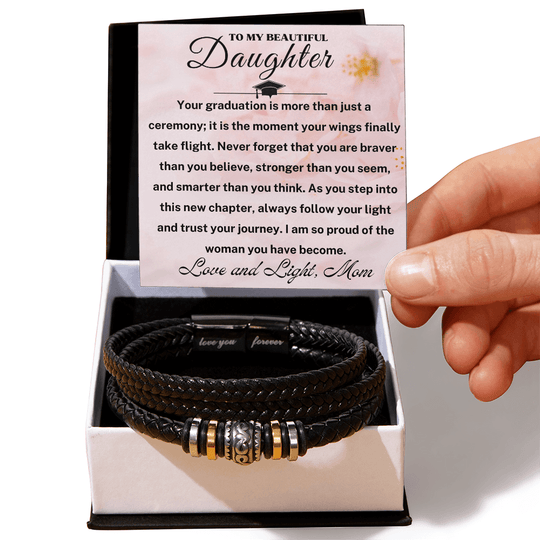 Meaningful graduation gift for daughter: Braided Leather "Love You Forever" Bracelet displayed in gift box.