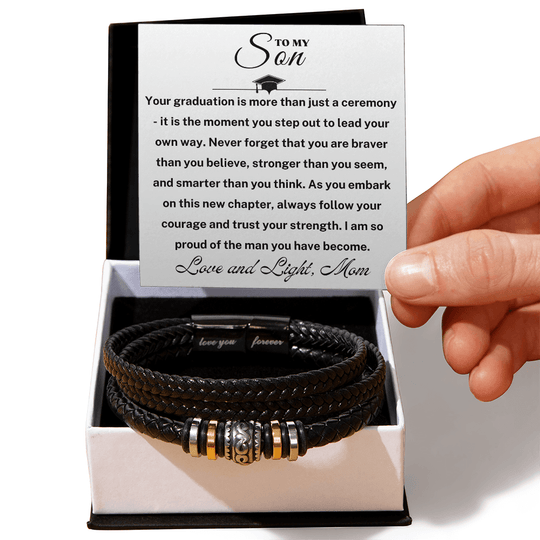 Graduation Gift For Son - "Love You Forever" bracelet in a gift box accompanied by a heartfelt message.