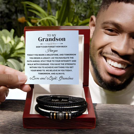 Grandson braided leather keepsake graduation milestone gift presented in a box with heartfelt message.