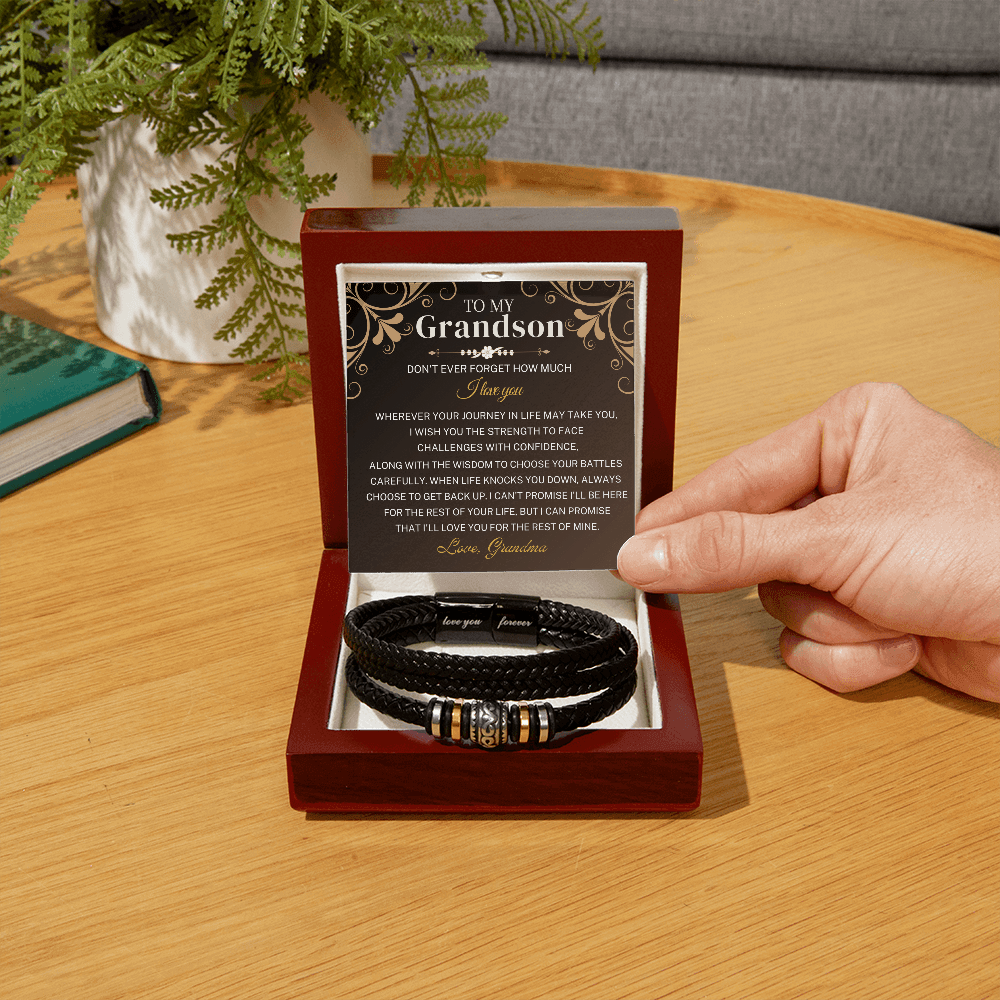 To My Grandson engraved vegan leather bracelet as a meaningful adult grandson graduation or birthday gift.