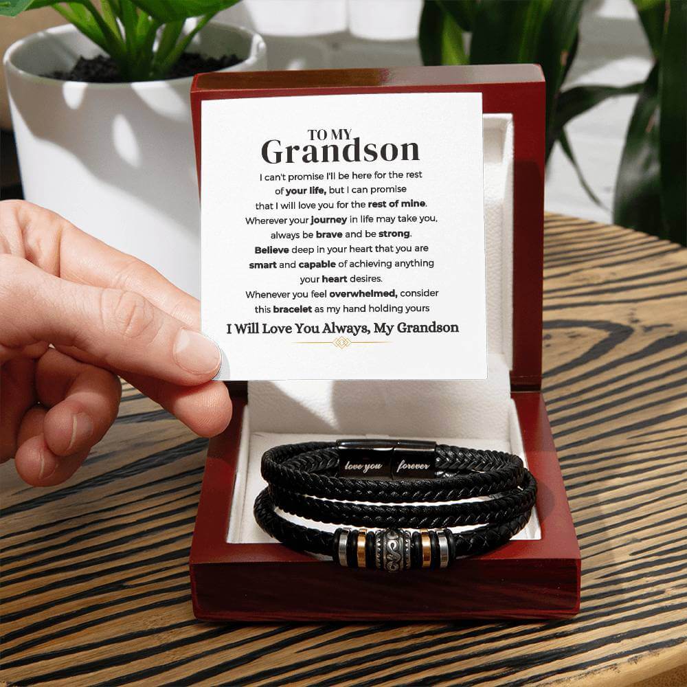 To My Grandson | Braided Leather Bracelet Gift Set - SS585V Jewelry ShineOn Fulfillment Luxury Box w/LED