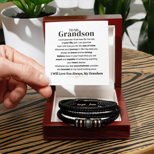To My Grandson | Braided Leather Bracelet Gift Set - SS585V Jewelry ShineOn Fulfillment Luxury Box w/LED