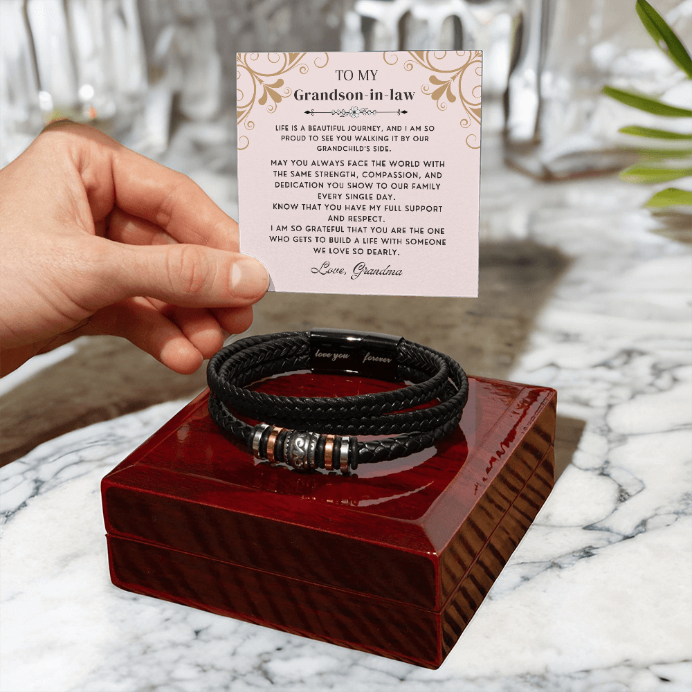 To My Grandson-In-Law "Proud of Your Journey" Men's Braided Leather Bracelet