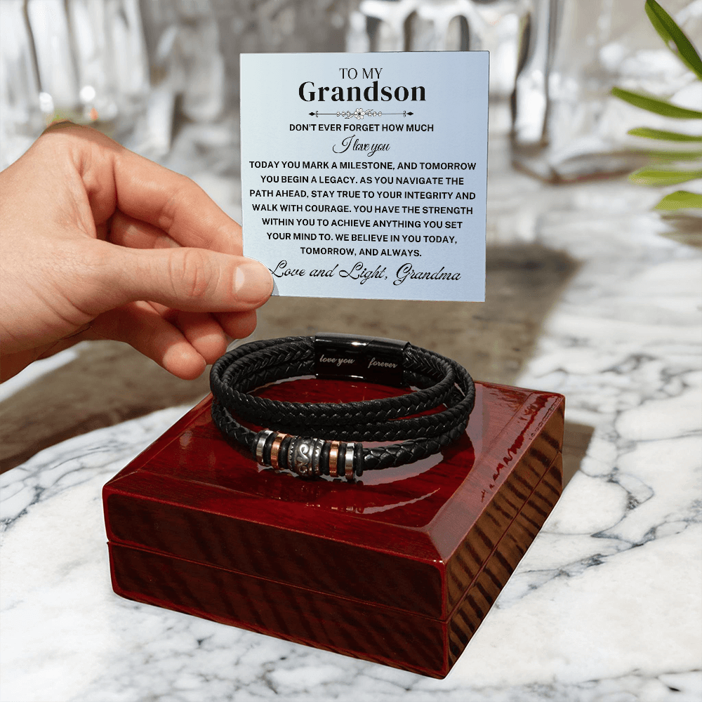 Grandson Graduation Gift: Braided Leather "Love You Forever" Bracelet with heartfelt card on display.