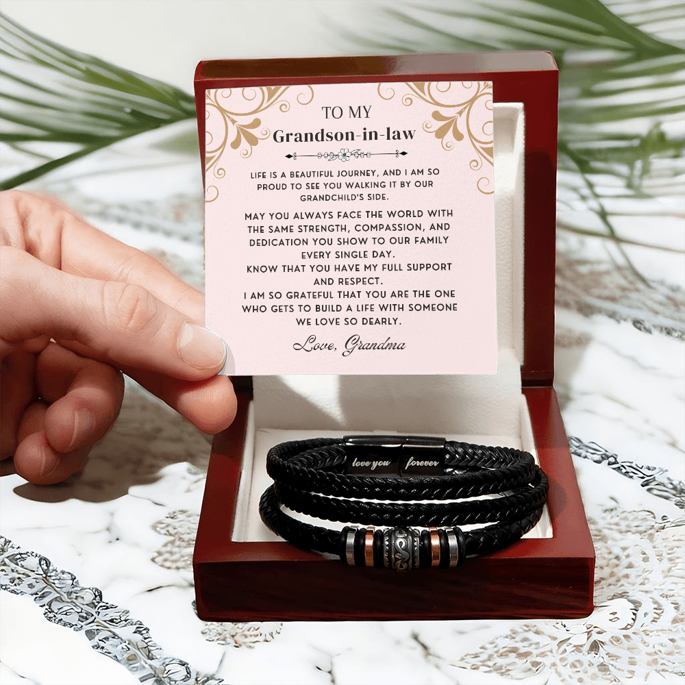 To My Grandson-In-Law "Proud of Your Journey" Men's Braided Leather Bracelet