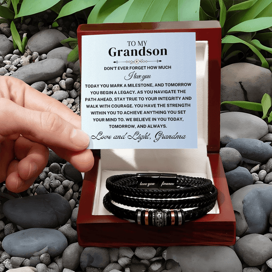 Grandson braided leather keepsake graduation milestone gift presented in a wooden box with heartfelt message.