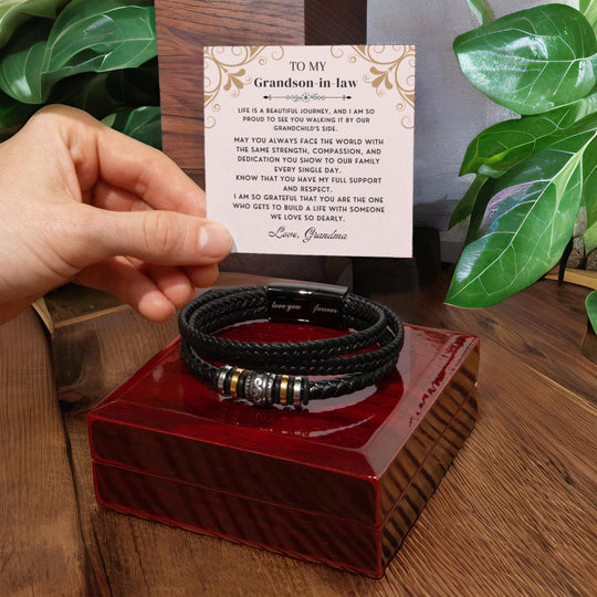 To My Grandson-In-Law "Proud of Your Journey" Men's Braided Leather Bracelet