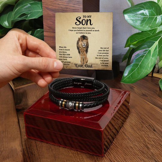To My Son - Old Lion - Braided Leather Bracelet Gift Set - STS10 Jewelry ShineOn Fulfillment Luxury Box w/LED