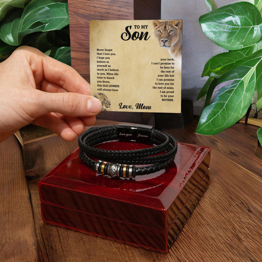 To My Son - Love Mom - Braided Leather Bracelet Gift Set - STS11 Jewelry ShineOn Fulfillment Luxury Box w/LED