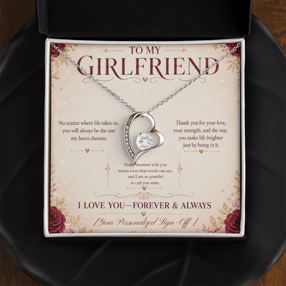Romantic girlfriend necklace gift with heartfelt message card for the one your heart chooses.