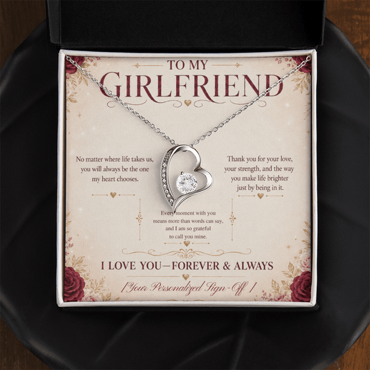 Romantic girlfriend necklace gift with heartfelt message card for the one your heart chooses.