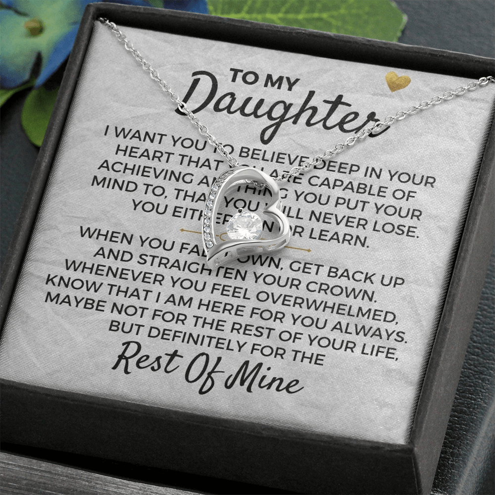 Sentimental parent to daughter appreciation keepsake necklace in gift box with heartfelt message for daughter.